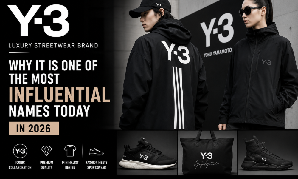 Y 3 luxury streetwear brand editorial image showing modern black fashion outfits, Adidas collaboration designs, and Yohji Yamamoto inspired minimalist streetwear highlighting influence in 2026 fashion industry.