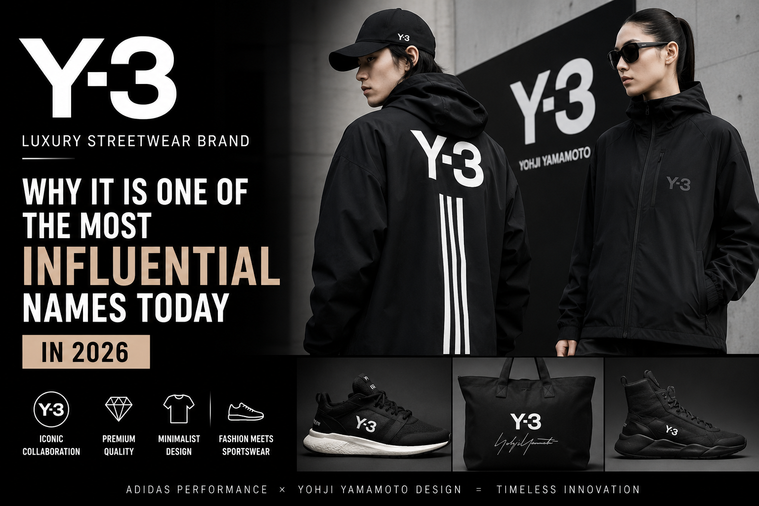 Y 3 luxury streetwear brand editorial image showing modern black fashion outfits, Adidas collaboration designs, and Yohji Yamamoto inspired minimalist streetwear highlighting influence in 2026 fashion industry.