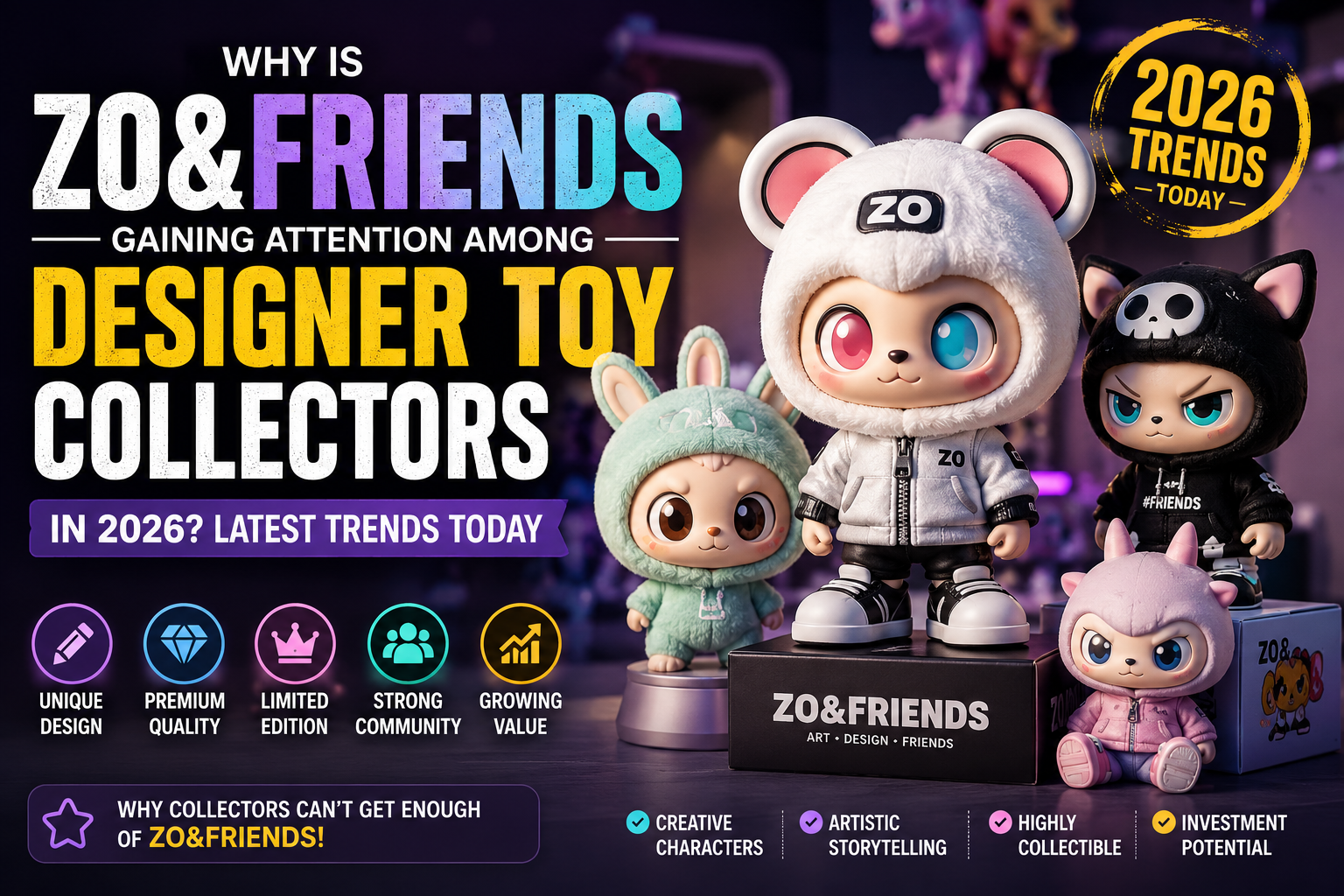 ZO&FRIENDS designer toy figures displayed together, showcasing unique character designs and premium collectible art that is gaining attention among designer toy collectors in 2026.