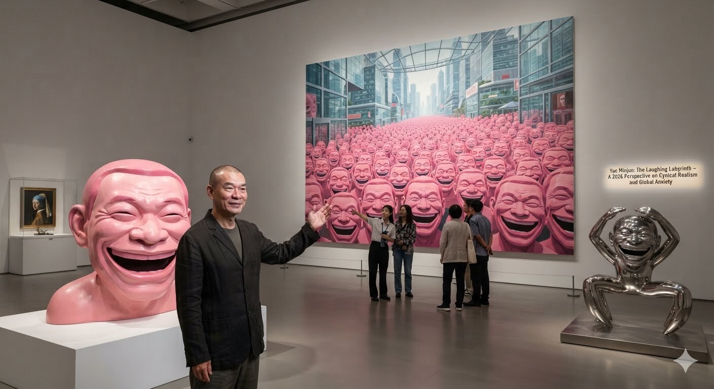 "Yue Minjun contemporary Chinese art featuring his iconic laughing self portrait style that explores modern Chinese culture, identity, and artistic expression."