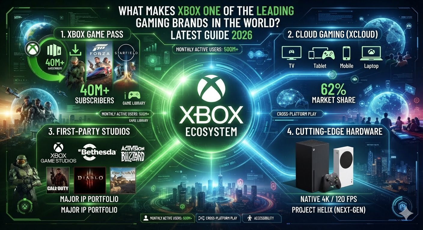 Xbox Series X and Xbox Series S consoles with controllers showcasing what makes Xbox one of the leading gaming brands in the world, featuring modern gaming, Game Pass, and immersive entertainment.