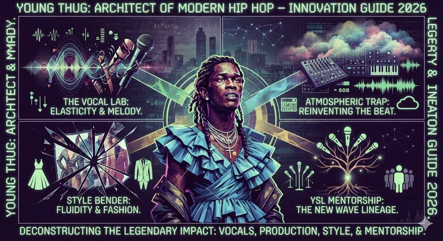Young Thug performing on stage during a live hip hop concert, showcasing the creative style and musical innovation that made him one of the most influential artists in modern hip hop.