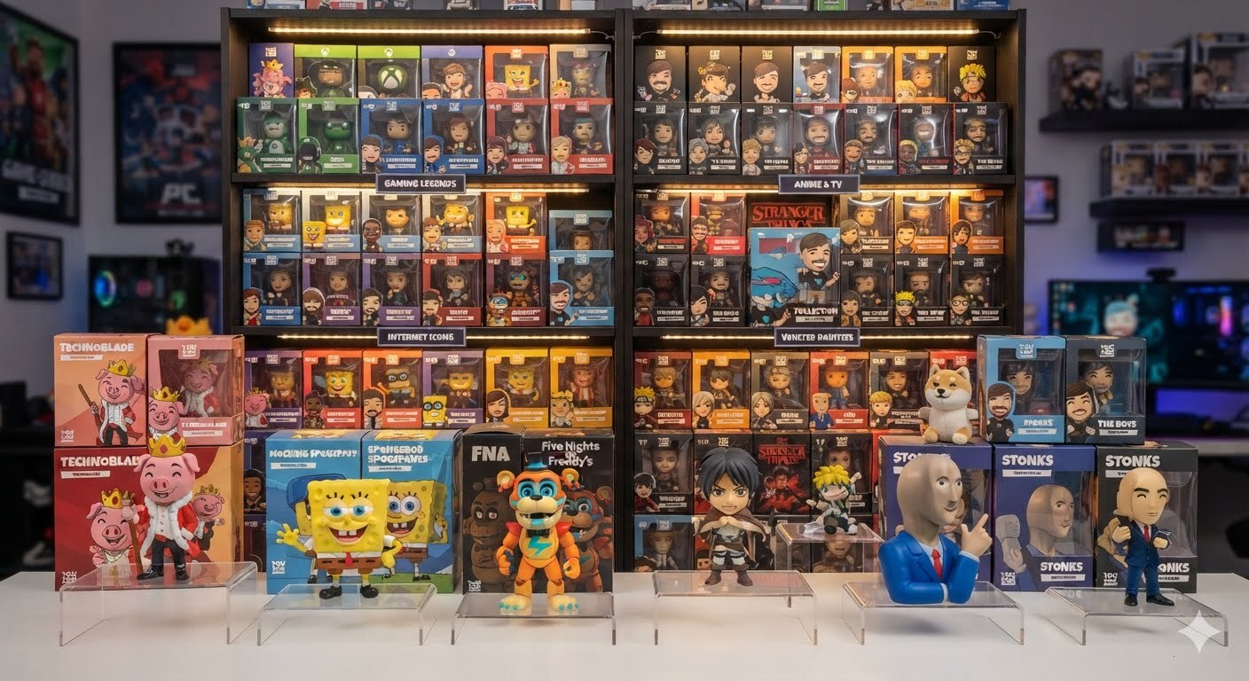 Collection of Youtooz vinyl figures featuring popular gaming, anime, movie, and internet creator characters displayed on shelves, highlighting why Youtooz collectibles are a favorite among collectors and pop culture fans.
