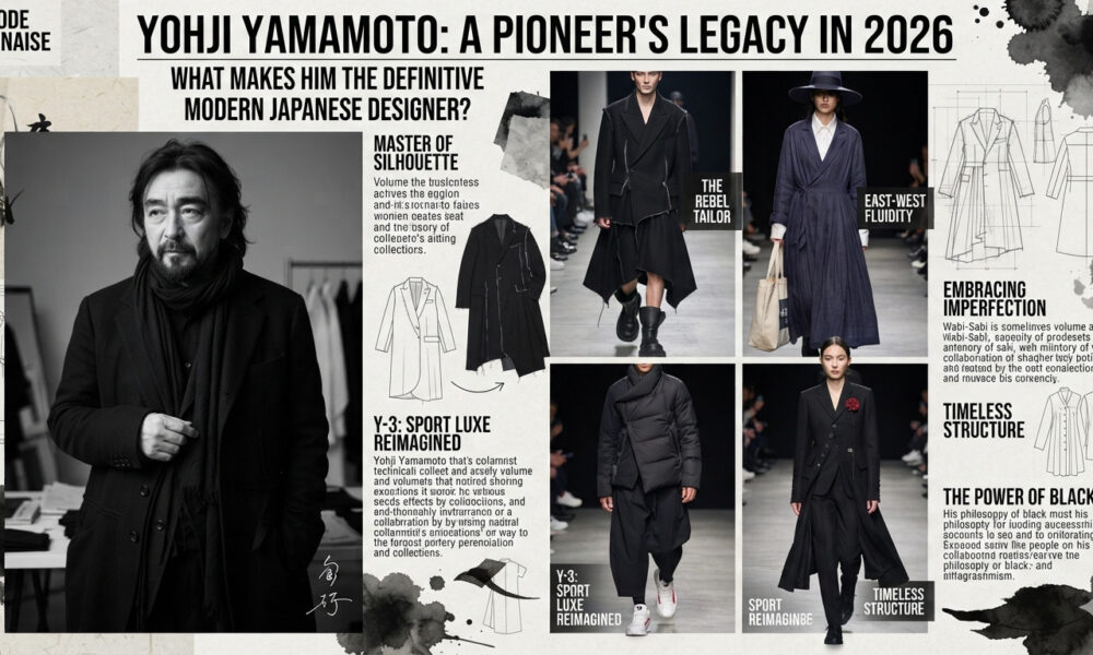 Yohji Yamamoto wearing his signature black outfit, showcasing the timeless influence of modern Japanese fashion, oversized silhouettes, minimalist design, and luxury craftsmanship.