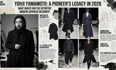 Yohji Yamamoto wearing his signature black outfit, showcasing the timeless influence of modern Japanese fashion, oversized silhouettes, minimalist design, and luxury craftsmanship.