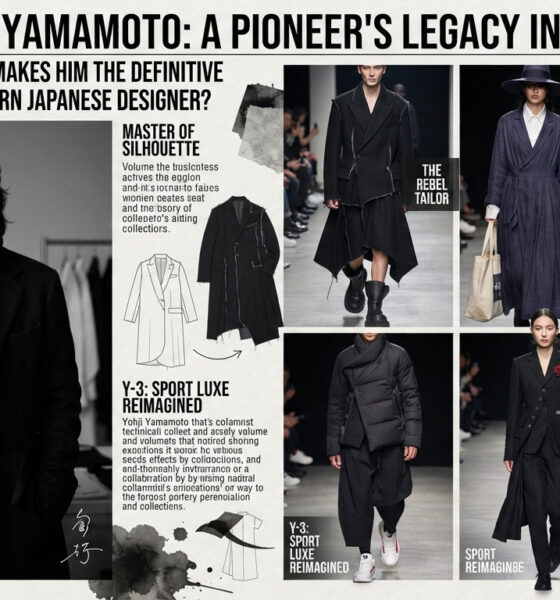 Yohji Yamamoto wearing his signature black outfit, showcasing the timeless influence of modern Japanese fashion, oversized silhouettes, minimalist design, and luxury craftsmanship.