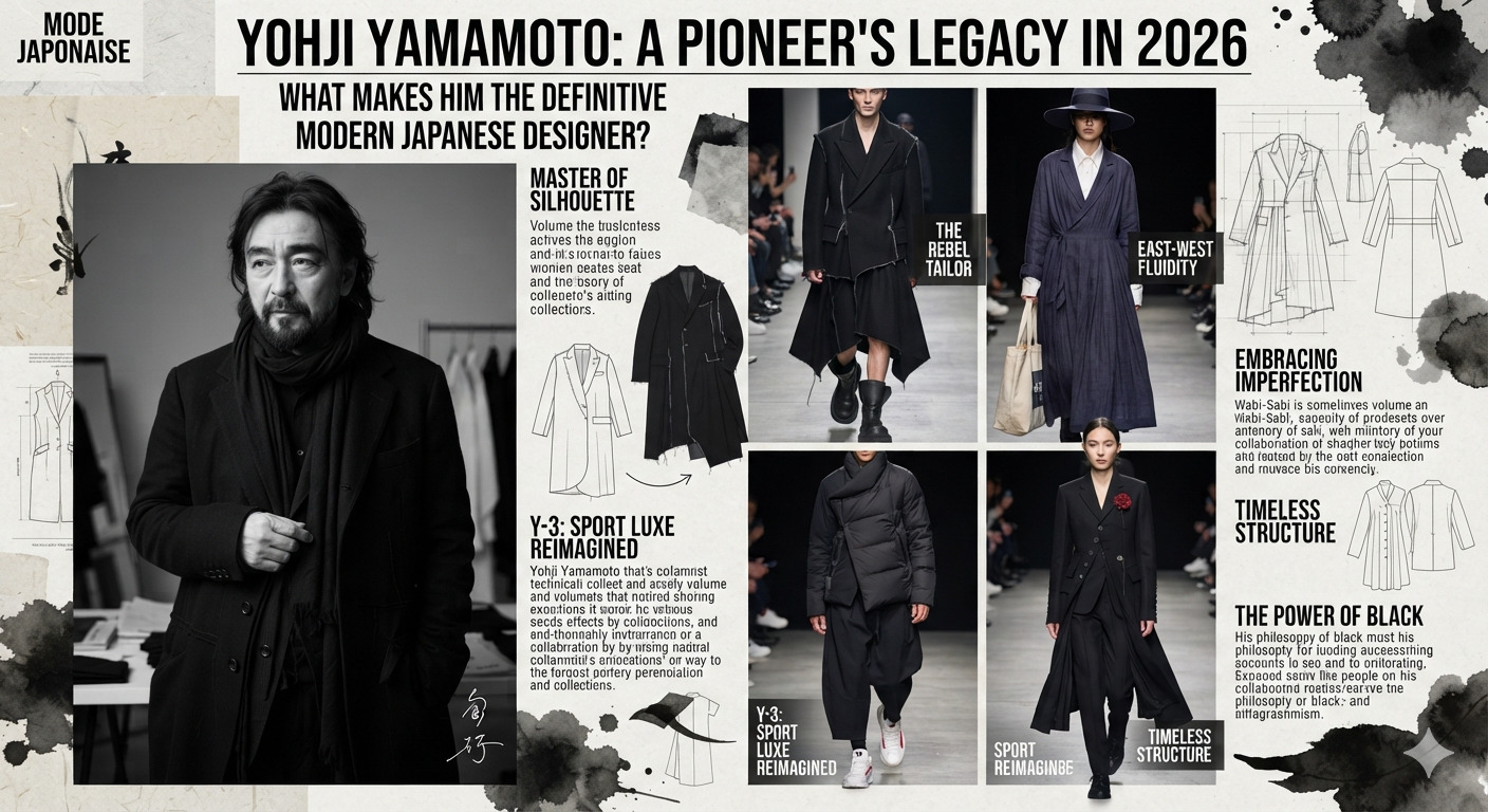 Yohji Yamamoto wearing his signature black outfit, showcasing the timeless influence of modern Japanese fashion, oversized silhouettes, minimalist design, and luxury craftsmanship.