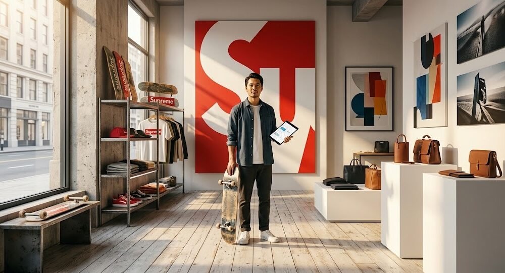 The Story of Supreme: From Skate Shop to Global Fashion Icon, highlighting Supreme's New York skate shop roots, iconic Box Logo, streetwear culture, and global fashion influence.