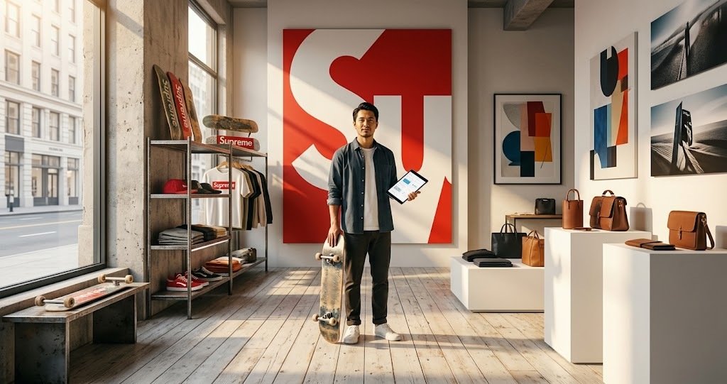 The Story of Supreme: From Skate Shop to Global Fashion Icon, highlighting Supreme's New York skate shop roots, iconic Box Logo, streetwear culture, and global fashion influence.