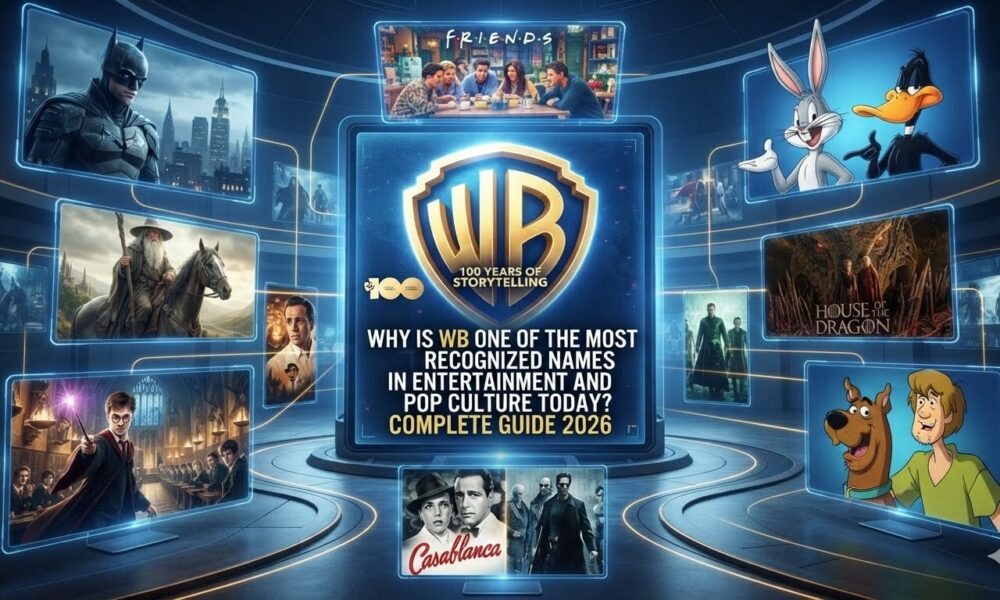 Why Is WB One of the Most Recognized Names in Entertainment and Pop Culture? Illustration featuring the WB logo with iconic entertainment themes, movies, television, animation, and pop culture elements.