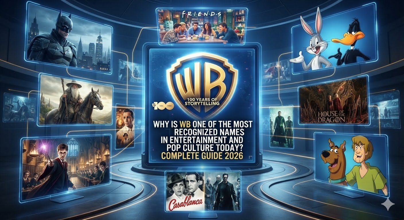 Why Is WB One of the Most Recognized Names in Entertainment and Pop Culture? Illustration featuring the WB logo with iconic entertainment themes, movies, television, animation, and pop culture elements.