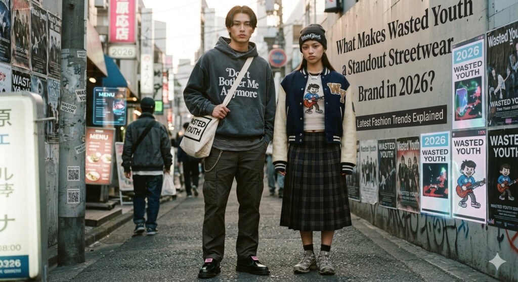 Wasted Youth streetwear hoodie showcasing bold graphic design and modern urban fashion style trends in 2026.