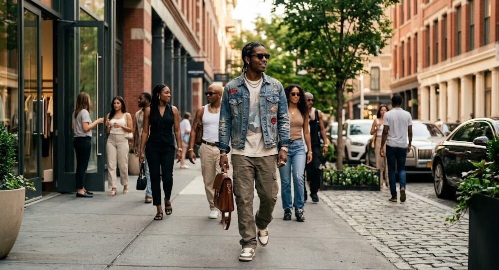 A$AP Rocky showcasing modern streetwear style with luxury fashion and urban-inspired clothing.