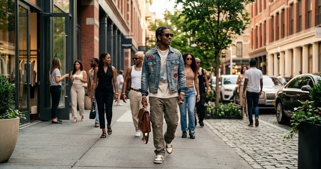 A$AP Rocky showcasing modern streetwear style with luxury fashion and urban-inspired clothing.